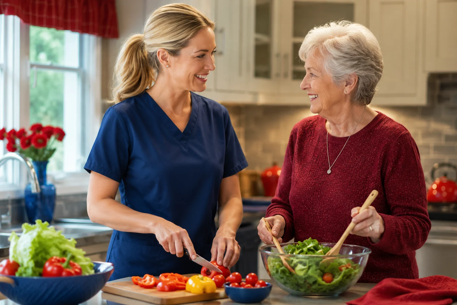 Caregiver helping an older adult with meal preparation at home