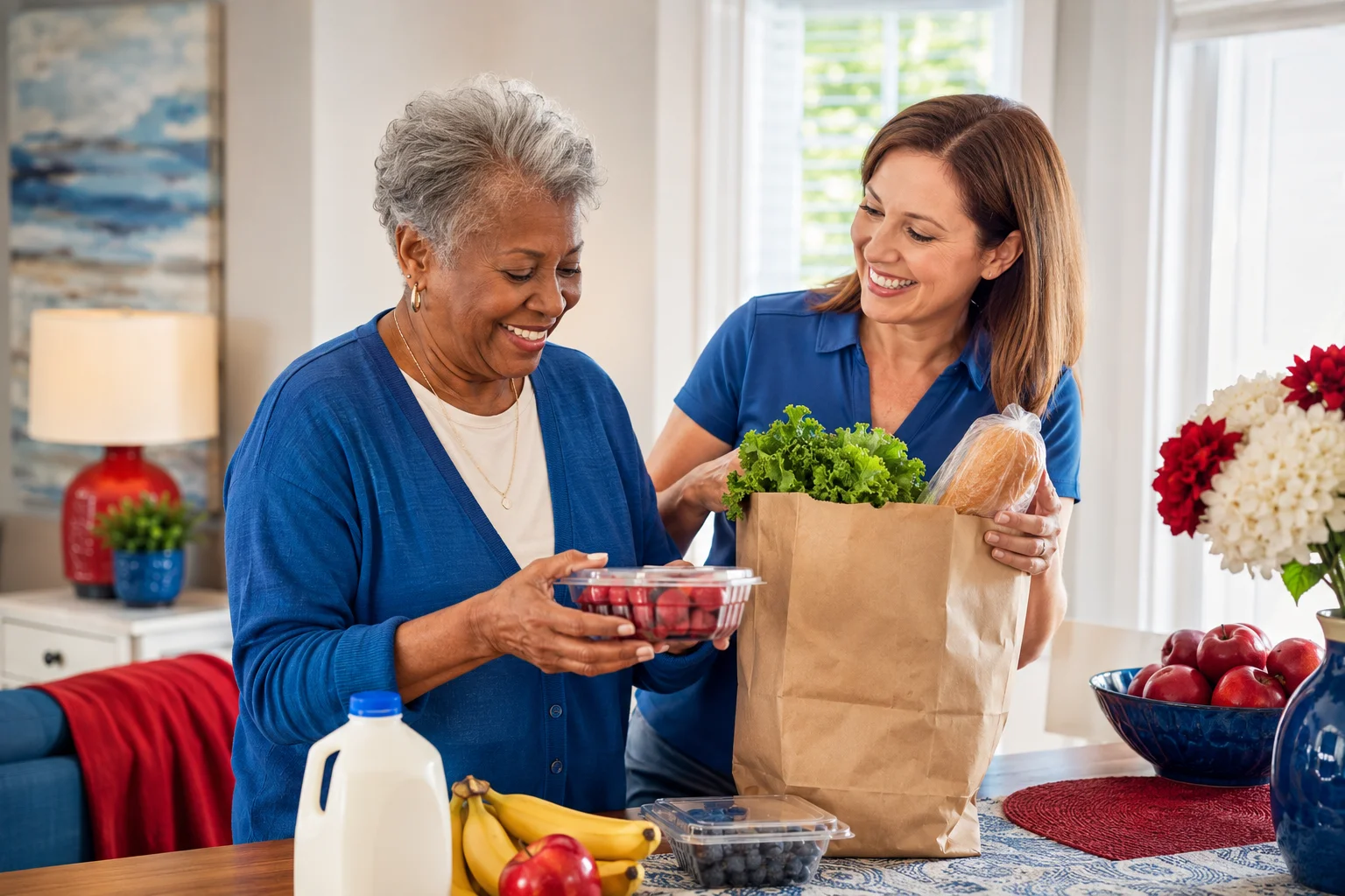 Companion caregiver supporting a senior at home with everyday routines through friendly presence and shared daily activities.