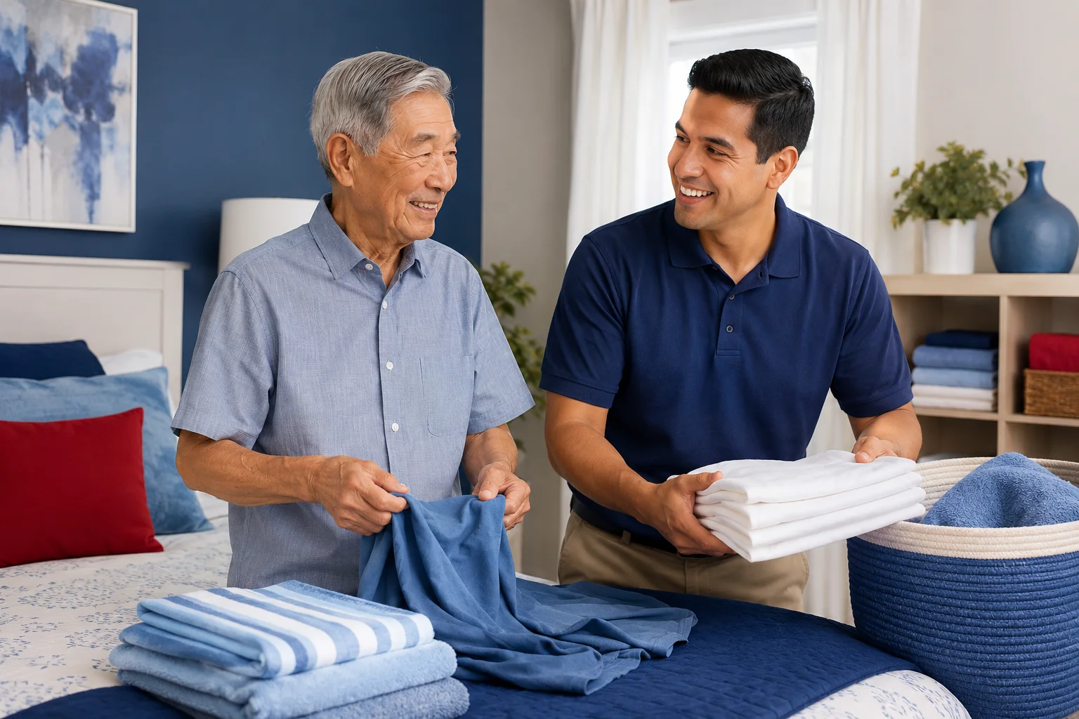 Senior Asian man and Hispanic caregiver smiling while folding clean laundry and organizing fresh linens together in a comfortable bedroom setting.