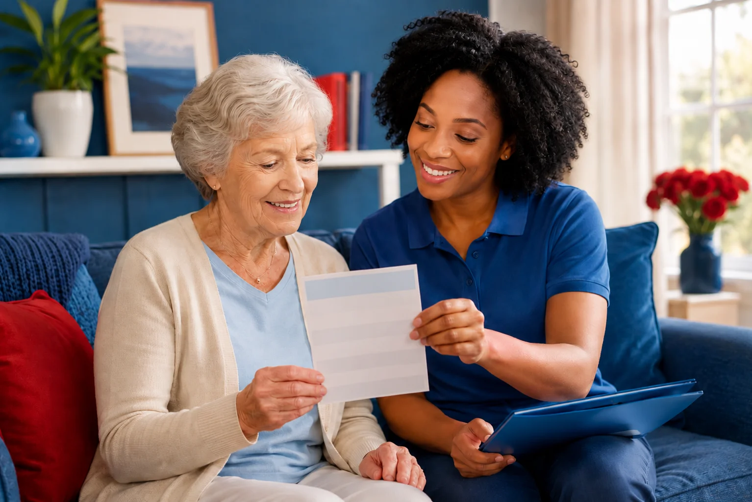 Senior Caucasian woman and African American caregiver smiling together in a comfortable home living room while reviewing a daily routine reminder card.